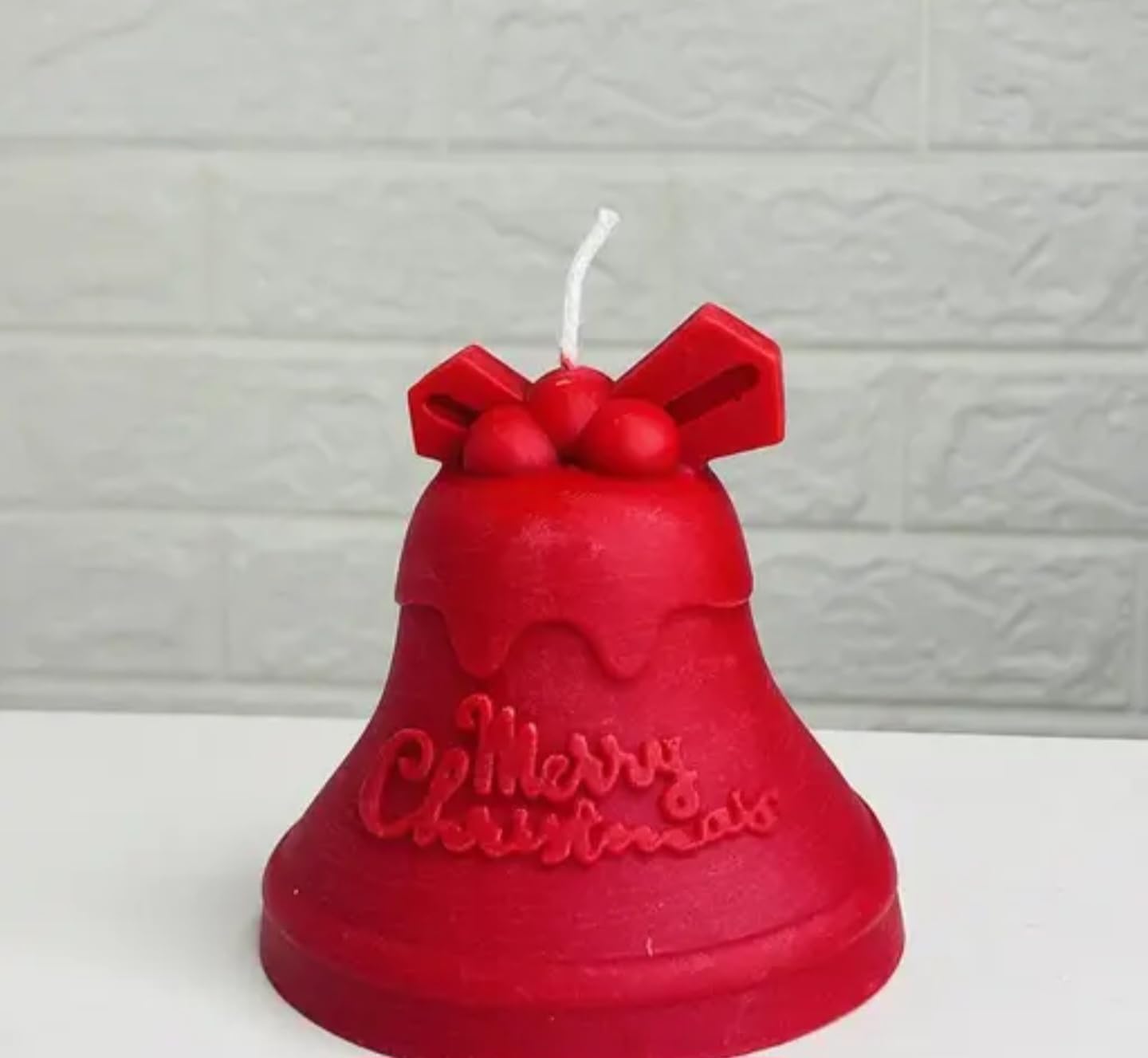 Red Bell-Shaped Christmas Candle with Bow, Decorative Holiday Candle, Merry Christmas Design