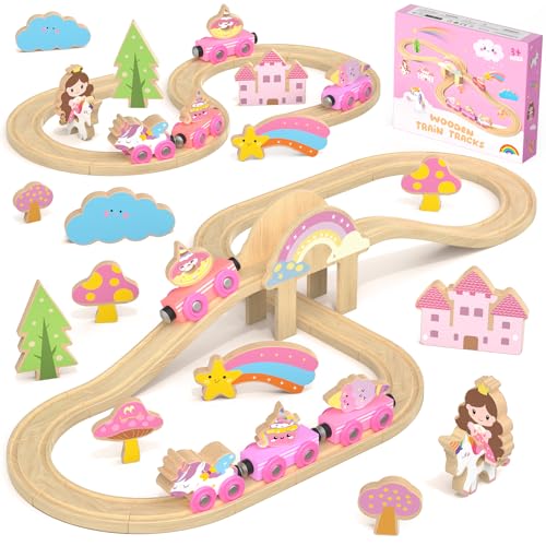 Hot Bee Pink Wooden Train Set, Girls Birthday Gift Unicorn Toy Age 3+ DROPS TO (works on 38PCS) - image 1