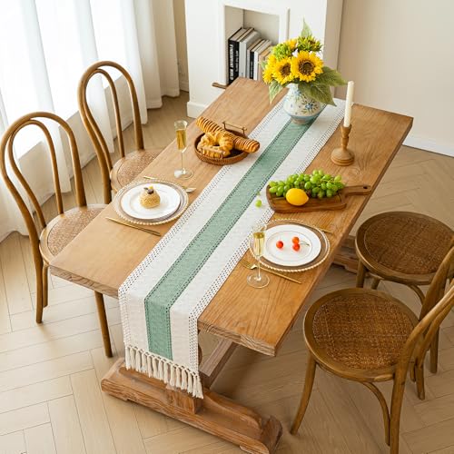 Image of FEXIA Boho Table Runner for Home Decor with Tassels 108 Inches Long,Sage Green Farmhouse Rustic Table Runner Macrame Burlap Table Decoration for Living Room Bridal Shower(12x108 Inches)
