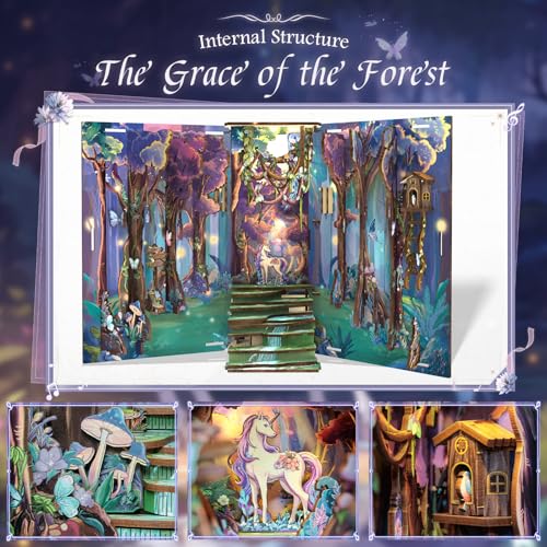 CUTEBEE Book Nook Kit-DIY Miniatura Dollhouse Booknooks Kit per adulti, 3D Puzzle Bookend in legno, Doll House Modello Building, Libreria Inserti Decor con Luce LED (The Grace of the Forest)