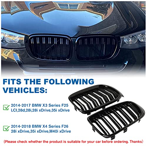 BILLDIO F25 F26 Grille - Black Kidney Grill Compatible with 2014-2017 X3 F25, 2014-2018 X4 F26， Double Slats Glossy Black by BILLDIO - Image 4