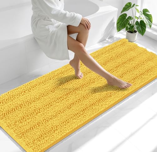 Image of Smiry Thick Chenille Bathroom Runner Rugs 70x24, Absorbent Striped Bath Mat, Machine Washable, Rubber Backing, Extra Long Bath Rugs for Tub & Shower, Modern Home Decor Accessories, Yellow