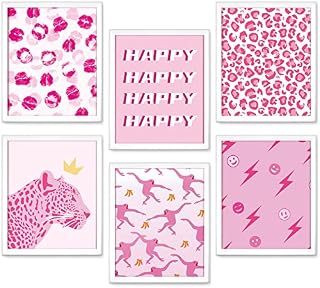 Chinco 6 Pieces Preppy Room Decor Aesthetic Hot Pink White Wall Art Cheetah Print Wall Decor Cute Pink Posters for Teen Girls Dorm Bedroom Wall Decorations, Unframed, 8 x 10 Inches