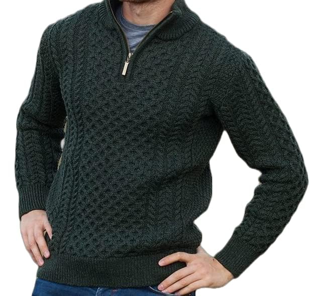 Irish Men's Aran Wool Sweater 1/2 Zipper Jumper Made in Ireland2