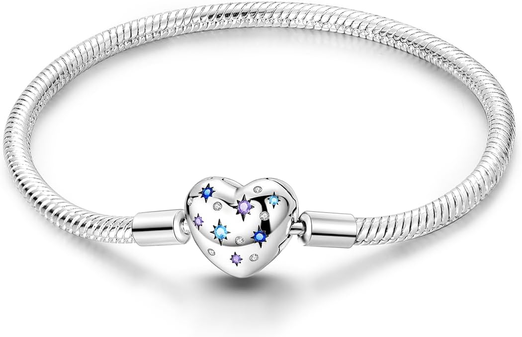 Charm Bracelet for Women Sterling Silver, Heart Clasp Snake Chain Bracelet Travel Charm Moments European Bracelet Jewelry Compatible with Pandora Charms, Gift for Her
