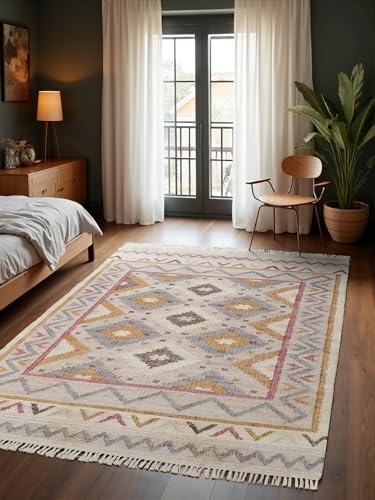 Elle Decoration Afghan Kelim Imani - Bunter Traditioneller Wohnzimmerteppich, Handgewebt, Jute & Baumwolle mit Fransen für Wohnzimmer, Schlafzimmer - Creme Multifarben, 120x170 cm