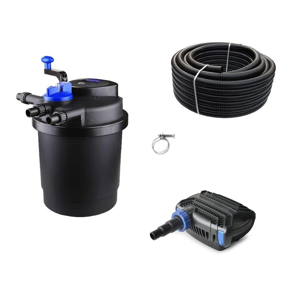 AquaOne Set di filtri per laghetto con pompa per laghetto, impianto di filtraggio CPF-2500, per laghetto fino a 6.000 litri, set completo con lampada UV Eco pompa 10 Watt, tubo per laghetto n. 17