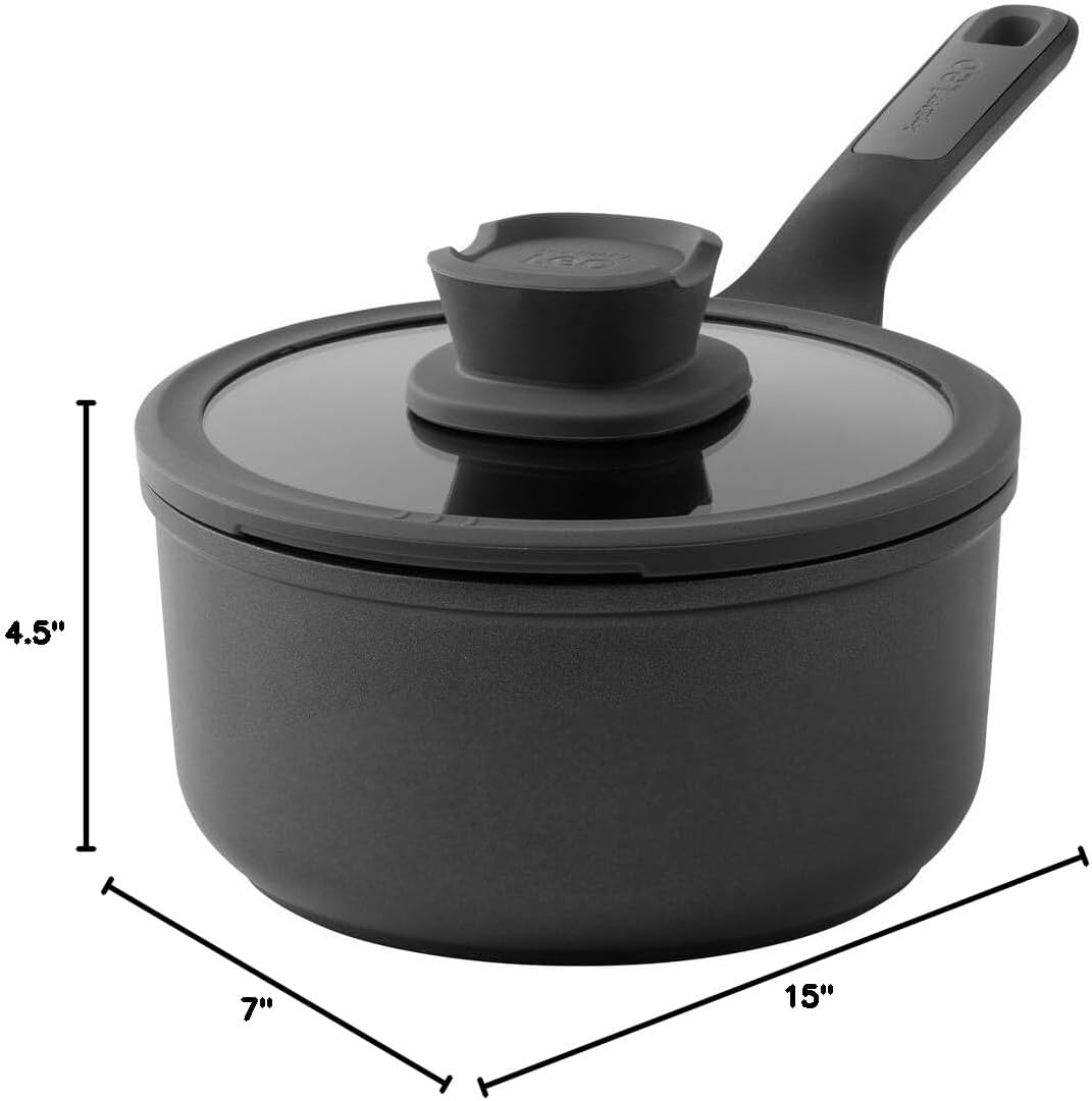 BergHOFF Leo Stone+ Non-stick Ceramic 7in Saucepan 2.1qt. With Glass Lid, Recycled Aluminum, CeraGreen, Non-toxic, Long Stay-cool Handle, Silicone Cover, Spoon Rest, Induction Pan