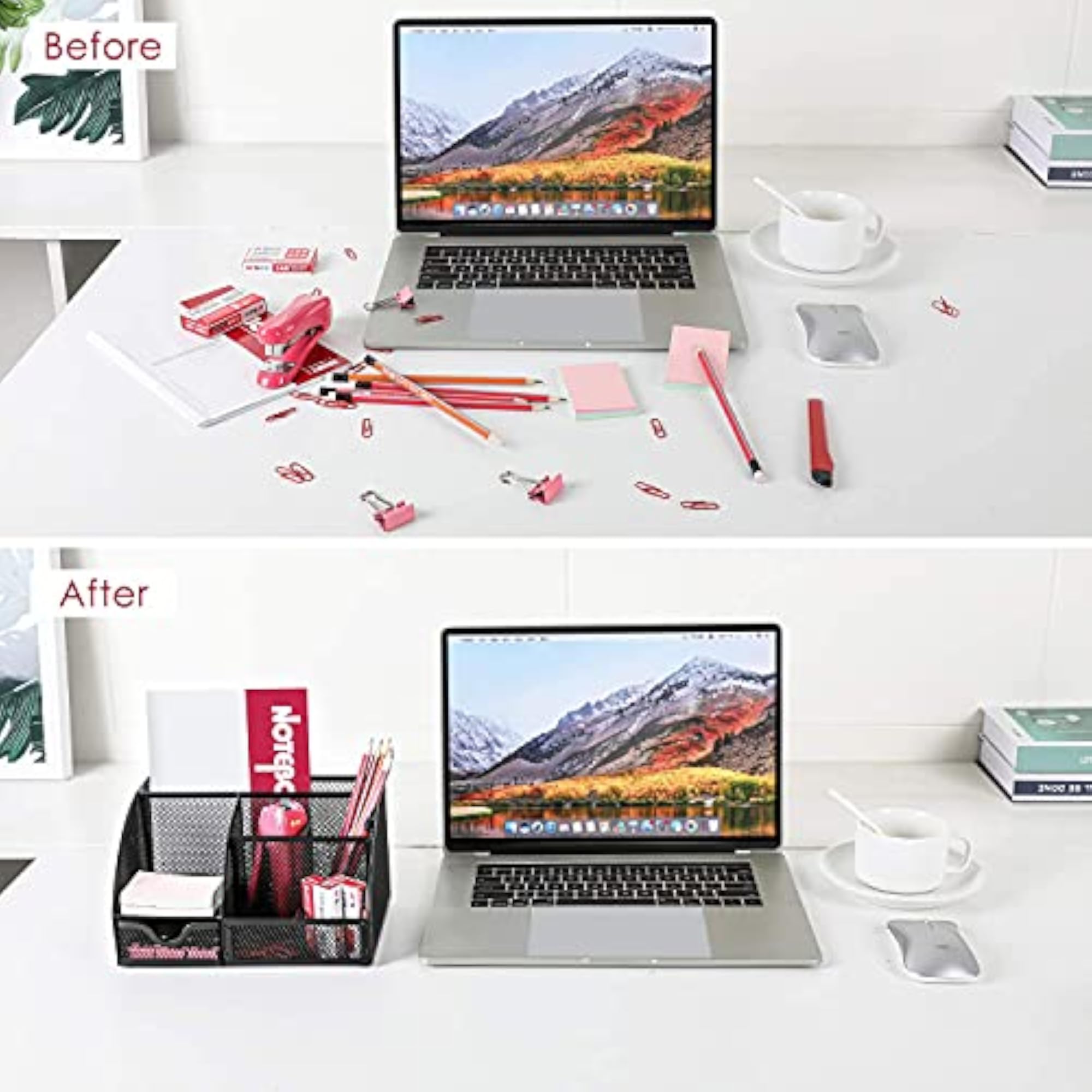 Metal Mesh Desk Organizer Pen Stand with 6 Compartments