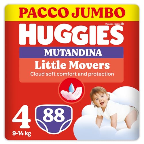 Huggies Little Movers Pannolini Mutandina Taglia 4 (9-14 Kg), Ultra assorbente, Protezione completa, Pacco Jumbo, 88 Pz