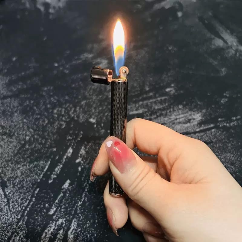 A hand holding the Yusud Butane Fuel Lighter with the flame ignited.