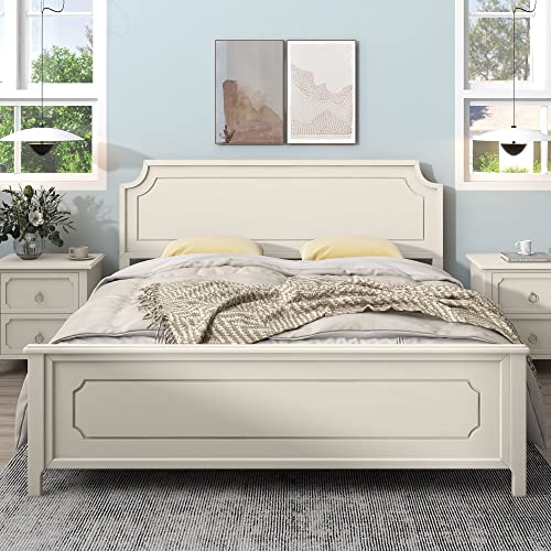 Softsea King Size Bed Frame, Platform Bed Frame With Wooden Headboard And Footboard, No Box Spring Needed, Easy Assembly, Milky White #TOP21