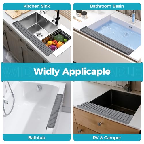 Image of Silicone Sink Edge Protector Mat - Sink Draining Mat, Edge Splash Guard & 20 inchx4 inch Multifunctional Sink Accessories with Suction Cup for Kitchen Bathroom Countertops, Granite Quartz Surfaces