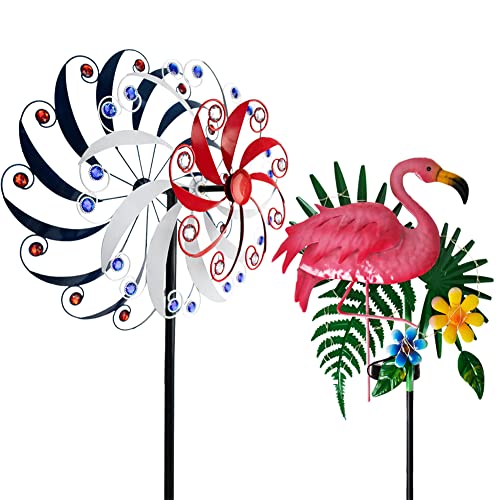 Dreamysoul 80" Patriotic Wind Spinner (Triple Blades) +35.8" Flamingo Solar Garden Lights, Metal Yard Art Outdoor Garden Patio Lawn Decor #TOP23