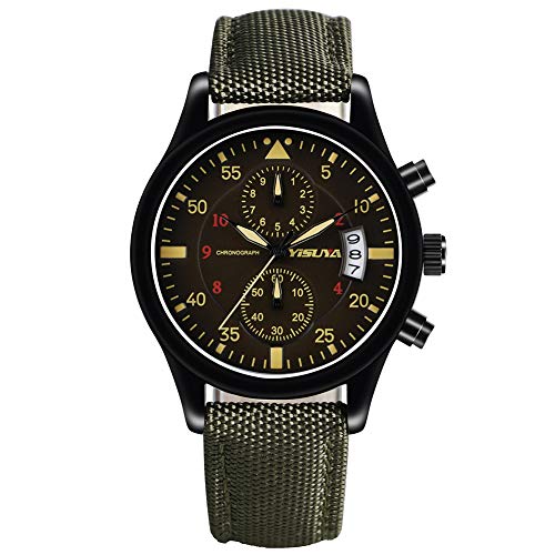 YISUYA Chronograph Quartz Wrist Watch with Date Waterproof Japanese Movement Watch Army Green Nylon Band Gift for Men