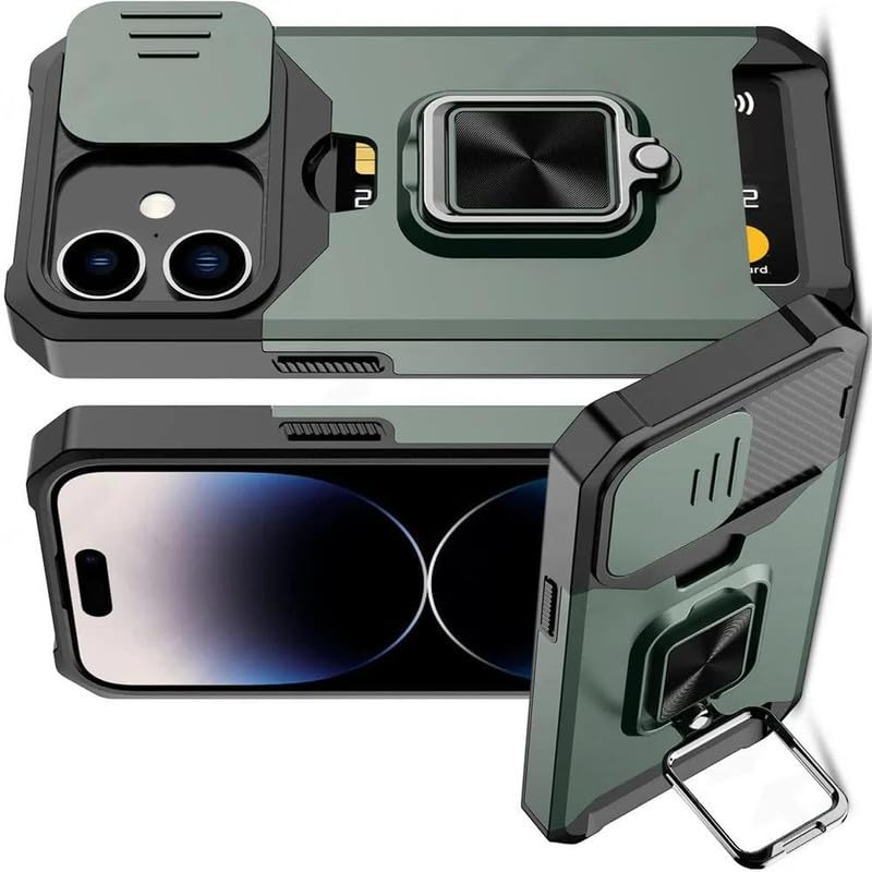 Image of LuxuryKase Shockproof Armor Case for iPhone 16 Plus | Slide Camera Cover | Hidden Card Slot | Rotating Ring Kickstand | Magnetic Car Mount Support | Military Grade Protection - Green