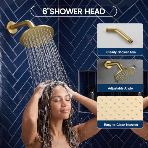 Juego de Ducha Rain Shower System, Set de Grifería en Oro Cepillado con Ducha de Mano 2 en 1, Cabezal de Ducha Doble de Lluvia, Montaje en Techo con Cabezal de Ducha de 10" y 6" de Pared, Diverter de Botón Pulsador miniatura 6