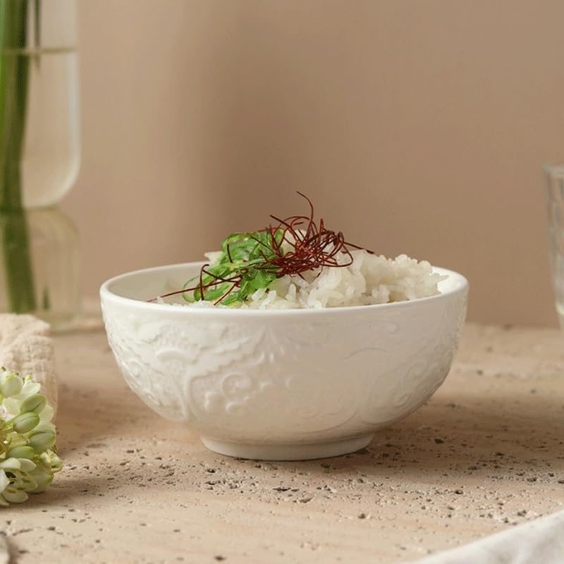 White Ceramic Bowls with Relief Patterns Rice Porridge Restaurant Hotel Tableware
