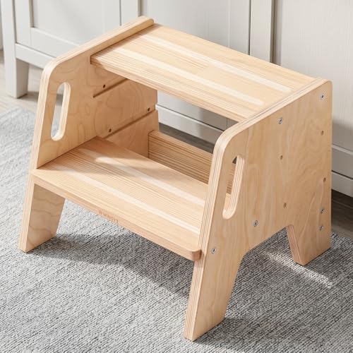 WINGYZ Tritthocker Kinder 2 Stufen aus Holz Zweistufiger Hocker mit 3 verstellbaren Höhen 2 Griffen & Anti-Rutsch Pads tragbar Kinderhocker für Badezimmer Küche & Waschbecken ab 2 Jahren(Natur)