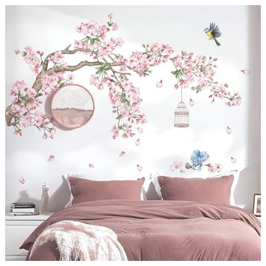 decalmile Stickers Muraux Fleurs de Cerisier Rose Autocollant Mural Floral Branche Arbre Oiseaux Décoration Murale Chambre Enfants Salon Mur TV