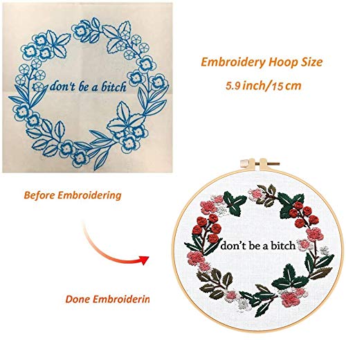 Image of Louise Maelys Cross Stitch Kit Full Range DIY Floral Wreath with Funny Sayimg Embroidery Kit for Beginner | Stamped Wreath Pattern With Hoop, Threads, Needles And Instructions, DIY Craft Project And Handmade Decor
