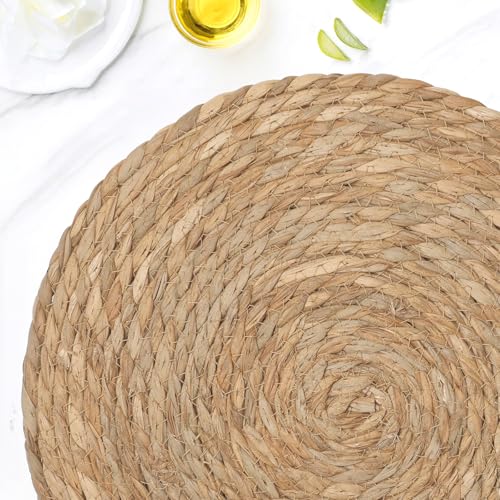 Comfoyar Okrągłe ręcznie tkane podkładki, zestaw 6 sztuk, 33 cm, boho, naturalny hiacynt wodny, plecione podkładki, odporne na wysokie temperatury, rustykalne wiklinowe podkładki rattanowe na stół