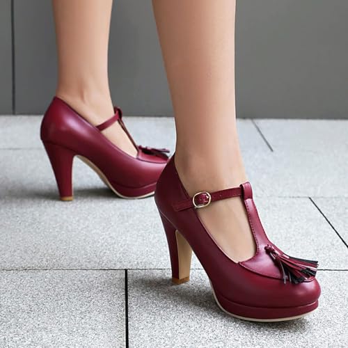 Alyaafifa Chunky High Heel Pumps for Women with Bow Knot Platform Closed Round Toe Ankle Strap Matte Leather Mary Jane Dress Shoes Wedding Office Evening3