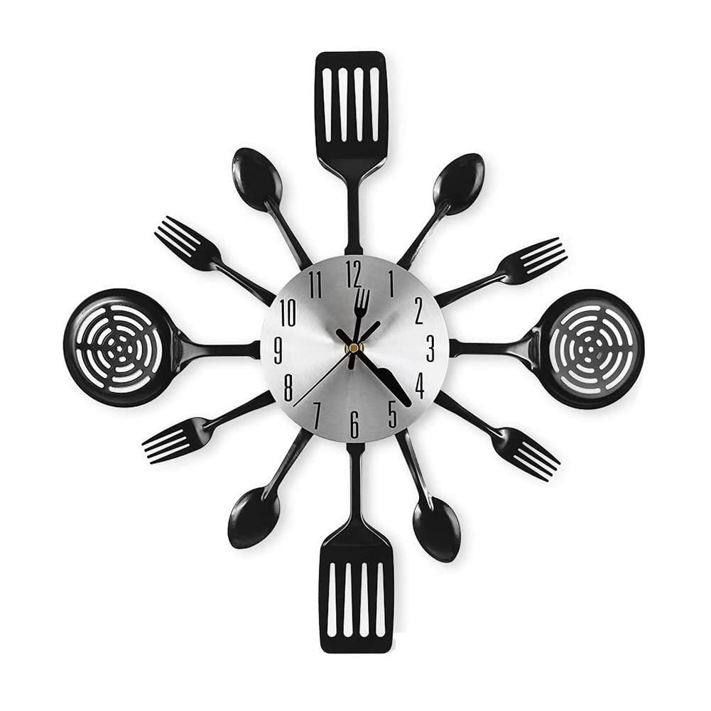 Antioch Black/White 16 Inch Kitchen Wall Clocks Spoons And Forks, 3D Tableware Wall Clock, Home Decoration ()