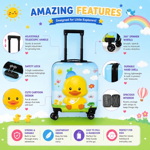Image of Storite 18In Kids Luggage Trolley Hard Shell Cabin Suitcase | Cute Cartoon Duck Design Suitcase Ideal For School Trips Vacations Holidays And Weekend Travel (Blue - 35 x 23 x 38 Cm)
