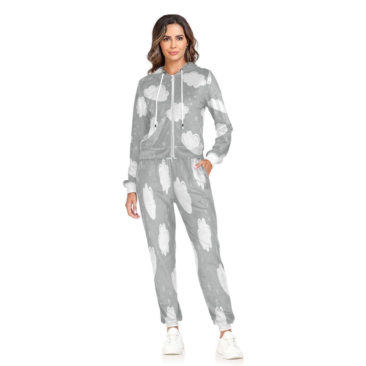 Conjunto deportivo de 2 piezas para mujer, diseño de nubes de dibujos animados, manga larga, conjunto deportivo de estrellas, color gris
