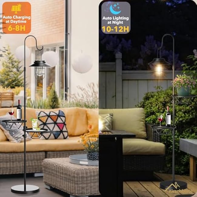 60 Solar Floor Lamp with Detachable Hanging Lantern & Small Side Table - Cordless, Waterproof Outdoor Lighting for Deck, Patio, Garden, Porch - Weatherproof Iron Floor Light- Two Small side tables