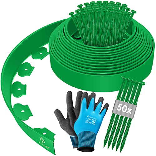 KESSER® Flexible Rasenkante aus Kunststoff Länge 10m Höhe 5cm, mit 50 Erdanker + 1 Paar Handschuhe, Beeteinfassung Beetumrandung Beetbegrenzung Mähkante Pflastersteine Palisade