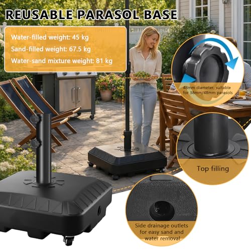 Pied de parasol de 45 l avec roulettes support de sol rempli d'eau - 5