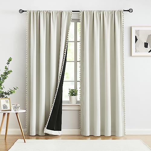 Treatmentex Natural Blackout Curtains for Bedroom Living Room 84inch Long Iovry/Beige Pom Pom Curtain Panels for Windows Thermal Insulated Curtains for Kids Nursery Room Rod Pocket 52" W x 2pcs by Treatmentex - Image 2
