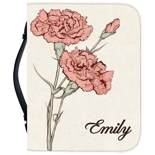 Custom Leather Bible Cover with Name – Personalized Bible Case for Women, Zippered with Handle, Bookmark & Storage Pockets, Christian Gift for Mom, Daughter, Grandma (Month Flower, M-2XL)