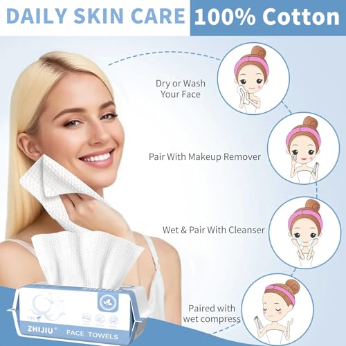 Image of Disposable Face Towels 200 Count, Ultra Soft & Thick Facial Towels for Sensitive Skin, Biodegradable & Lint-Free Makeup Remover Dry Wipes, Multi-Purpose Cleansing Towelettes for Face Wipes