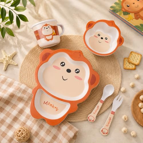 Image of Bamboo Kids Feeding Set of 5 |Kids Crockery Set Tableware |Baby Utensils and Dishes Set | Eco-Friendly |Organic & Natural (Mischievous Monkey)
