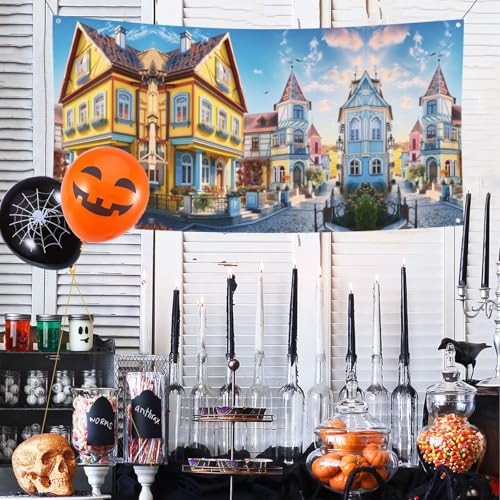 MINDBBDFJ Colorful Classic Houses Print Banners And Signs For Outdoor/Indoor,Personalized Banner Customizable Parties Halloween Banner (180x90cm)2