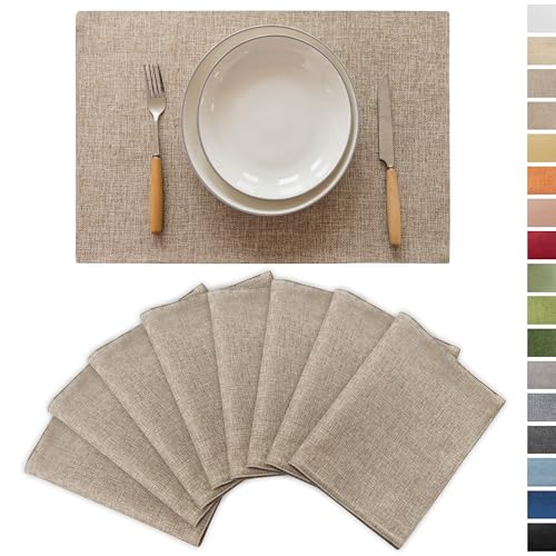 Demetex Table Placemats Linen Place Mats Set of 8 Natural Heat Resistant Cloth Plate Mats for Indoor Dining Room Restaurant Cafe, 13x19 inch, Linen