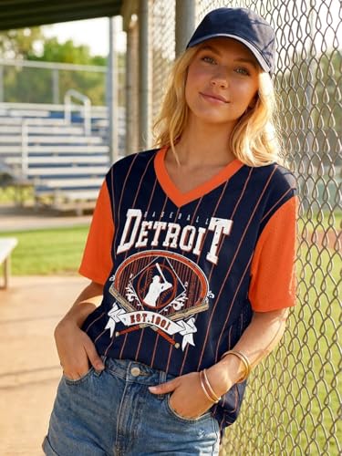 Baseball Shirt Women Baseball Mom Tshirt Striped Game Day Sports Fan Jersey Shirts V Neck Baseball Team Graphic Tee Tops Darkblue — view 4