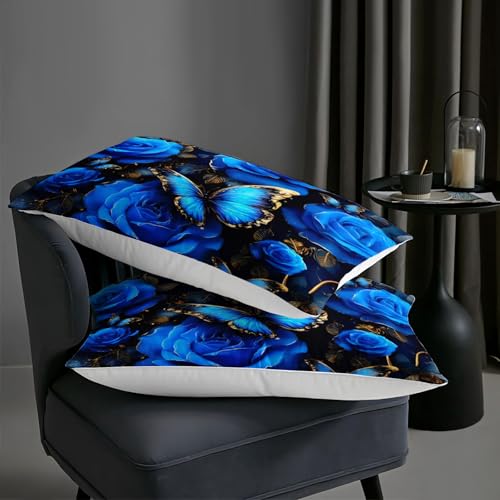 Image of AILONEN Blue Roses Comforter Set Queen Size,Butterfly Flower Bedding Set 3Pcs,Bedroom Decor for Girls Women,Luxury Rose Floral Quilt with 2 Pillowcases