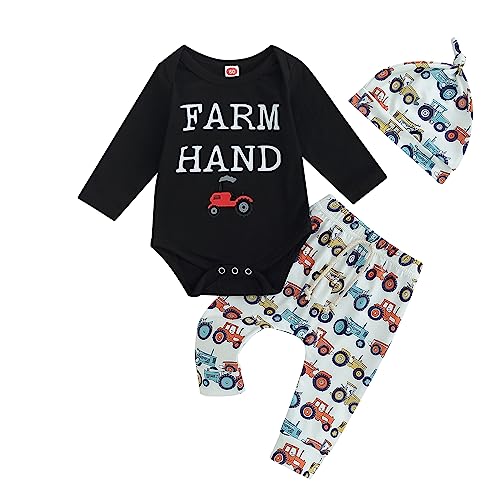 Image of Twopumpkin Infant Baby Boy Farm Letter Bodysuit Romper and Long Pants Newborn Coming Home Outfit Cute Clothes Sets with Hat