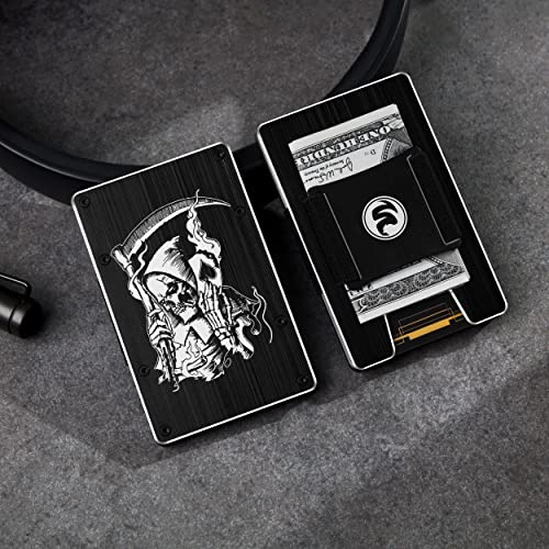 Hiesgie Men Minimalist Metal Wallet With Cash Strap | Engraved Vintage Death Scythe Skull Wallets | Personalized Rfid Blocking Aluminum Credit Card Holder | Slim Front Pocket Edc Tactical Money Case #TOP3