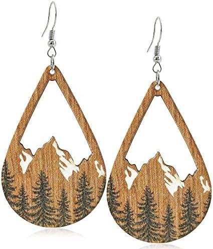 Handmade Bohemian Colorful Vintage Nature Wooden Mountain Dangle Drop Earrings Boho Lightweight Wood Hollow Teardrop Hook Earring with Tree Pattern for Women Girls Statement Outdoor Enthusiast Jewelry Gifts (Brown)