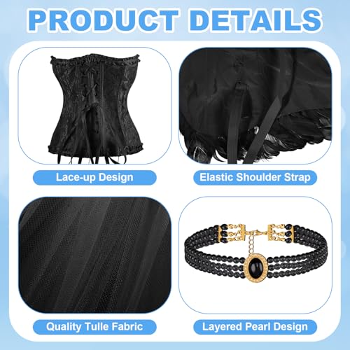 Mepase 6 Pcs Swan Costume for Women Bustier Corset Top Tutu Skirt Wings Pearl Choker Hair Clip Pantyhose(Black,Xs) by Mepase - Image 3