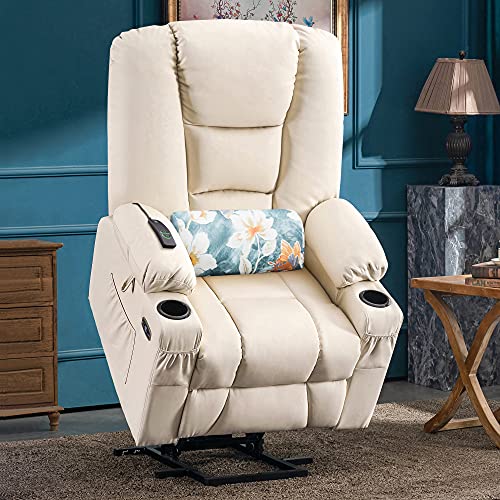 Mcombo Large Power Lift Recliner Chair With Massage And Heat For Elderly, Extended Footrest, 3 Positions, Lumbar Pillow, Cup Holders, Usb Ports, Faux Leather 7539 (Large, Cream White) #TOP7