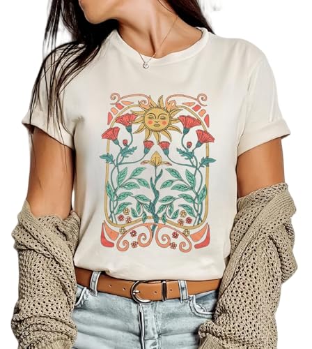 Women Vintage Boho Floral Wildflowers Tshirts Girls Graphic Tees Short Sleeve Tops(S,Beige-5)