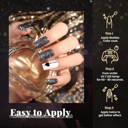 Image of Beetles Black Gel Nail Polish, 1Pcs 15ML Glitter Gel Nail Polish Black Sparkle Reflective Shimmer Color Soak Off UV Lamp Disco Nail Art Manicure Salon DIY at Home Gifts for Women
