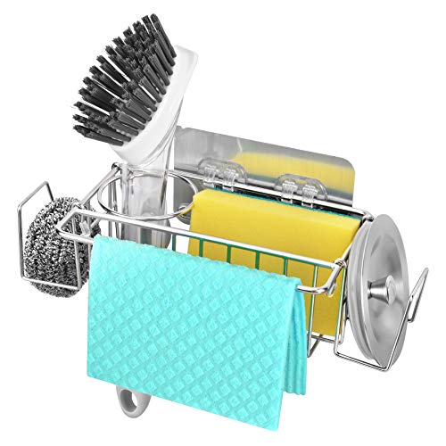 Qodalyth 5 in 1 Sponge Holder for Kitchen Sink, More Functions Sink Caddy with A Space-Saving Size, SUS304 Stainless Steel Kitchen Sink Organizer, No Drilling, Adhesive or Hanging 2 Installation Ways