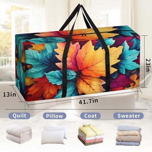 Watercolor Maple Leaves Extra Large Moving Bags Heavy Duty Storage Bags Colorful Leaves Cloth Wrap Around Handles Double Zipper Reusable Convenient Foldable Storage Tote for Travel Camping Space Save2